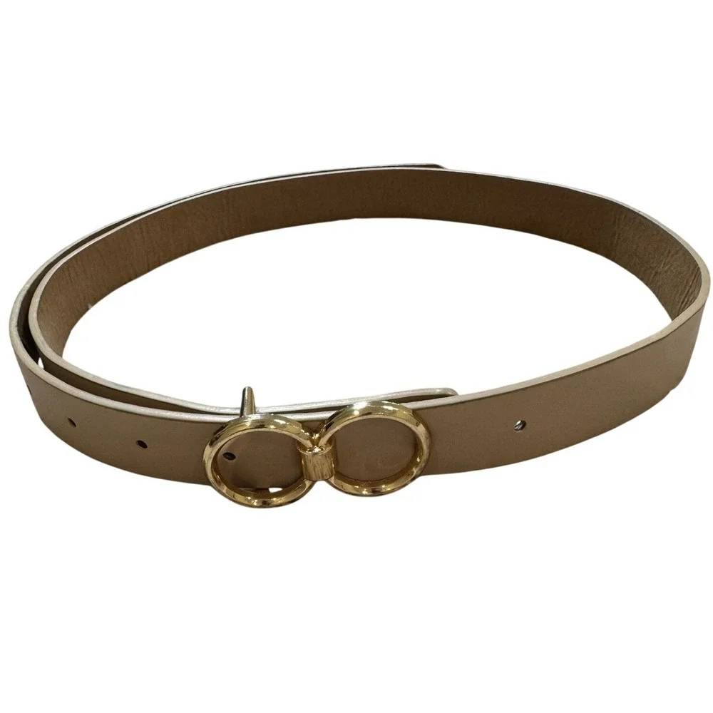 Tan Beige Skinny‎ Belt Gold Double Circle Interlocking Buckle Faux Leather 40in
